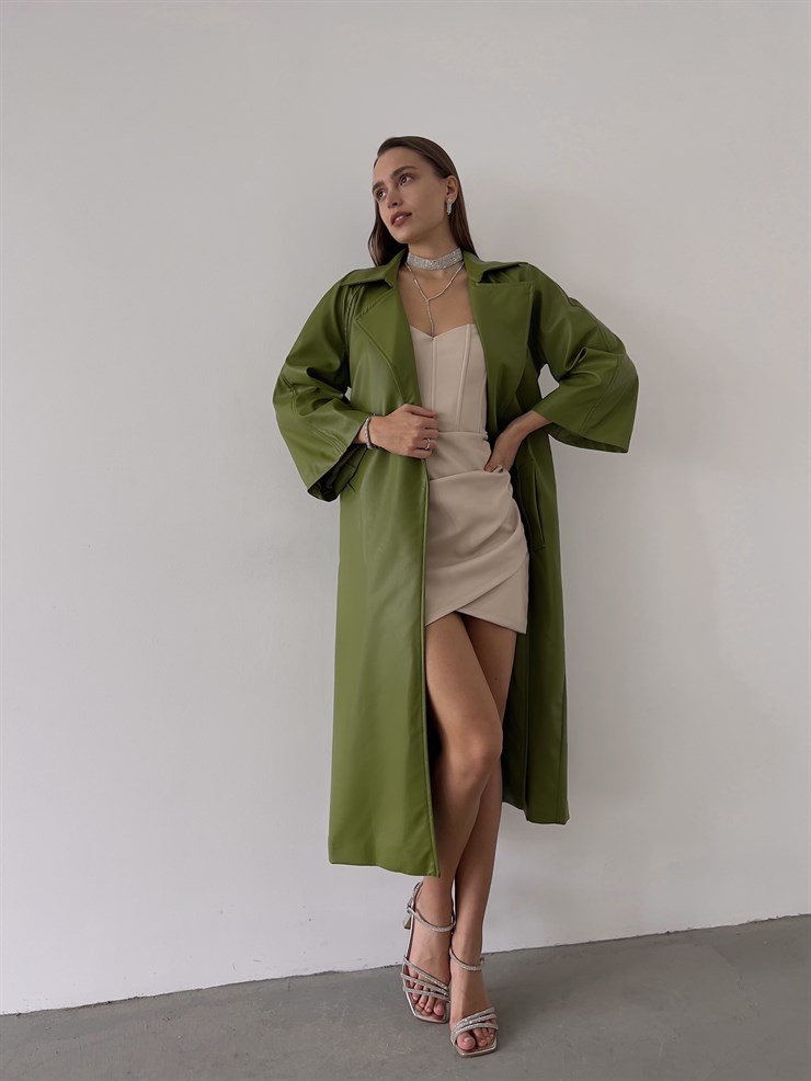 Önden Kuşak Bağlamalı Yarım Geniş Kol Maysa Kadın Yeşil Vegan Deri Kaban 23K000226