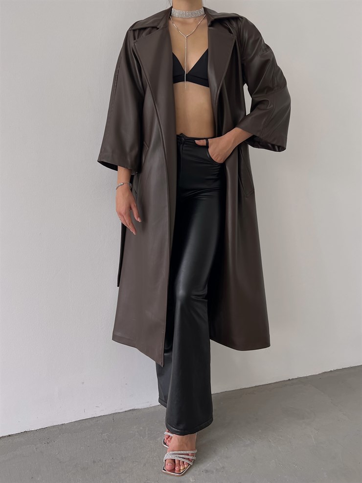 Önden Kuşak Bağlamalı Yarım Geniş Kol Maysa Kadın Kahve Vegan Deri Kaban 23K000226