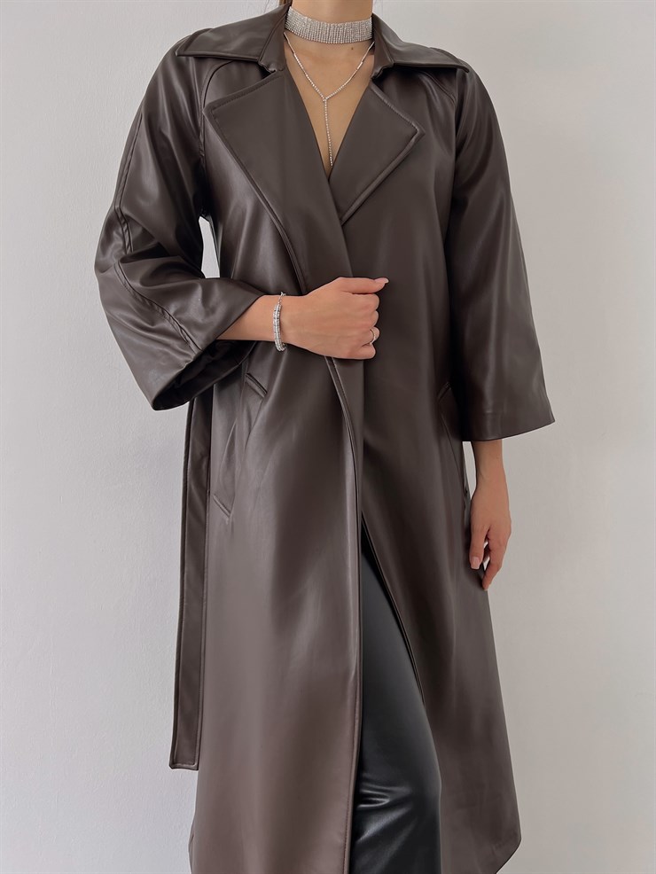 Önden Kuşak Bağlamalı Yarım Geniş Kol Maysa Kadın Kahve Vegan Deri Kaban 23K000226