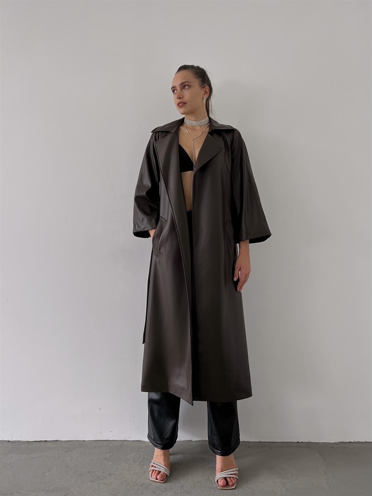 Önden Kuşak Bağlamalı Yarım Geniş Kol Maysa Kadın Kahve Vegan Deri Kaban 23K000226