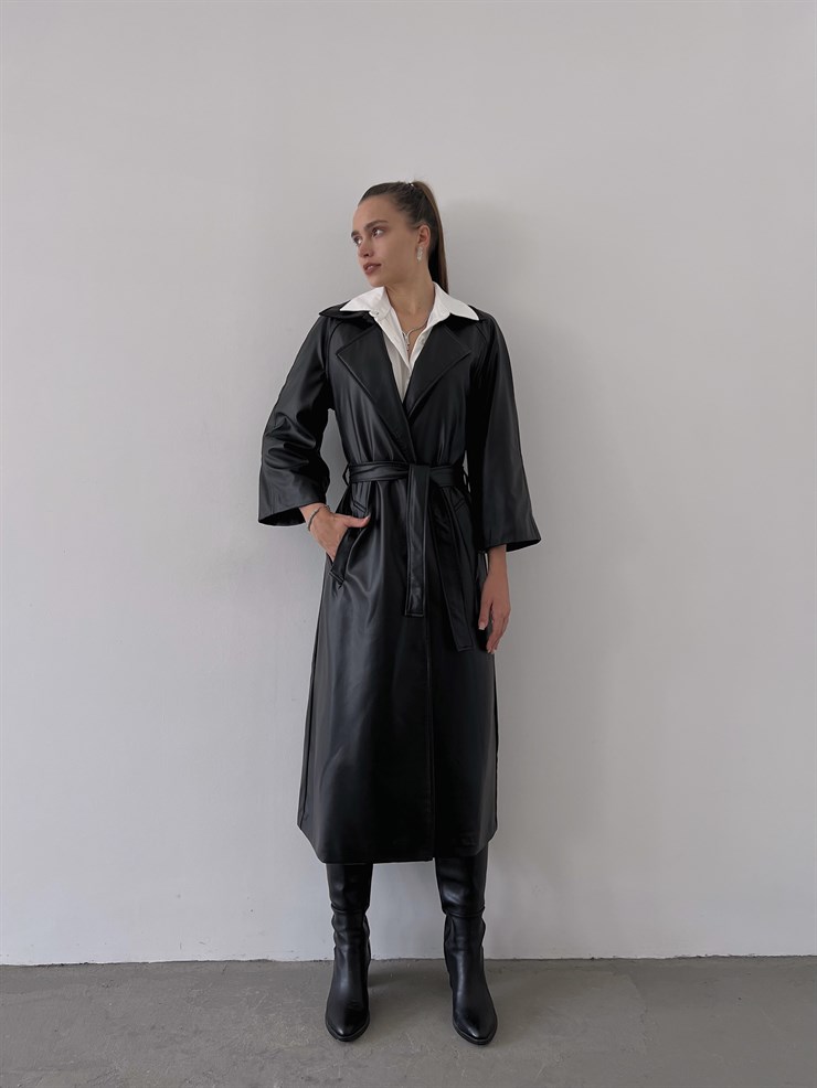 Önden Kuşak Bağlamalı Yarım Geniş Kol Maysa Kadın Siyah Vegan Deri Kaban 23K000226