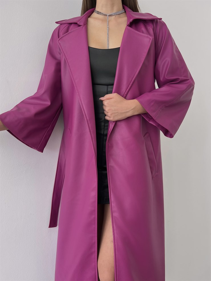 Önden Kuşak Bağlamalı Yarım Geniş Kol Maysa Kadın Fuşya Vegan Deri Kaban 23K000226