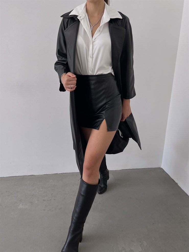 Önden Kuşak Bağlamalı Yarım Geniş Kol Maysa Kadın Siyah Vegan Deri Kaban 23K000226