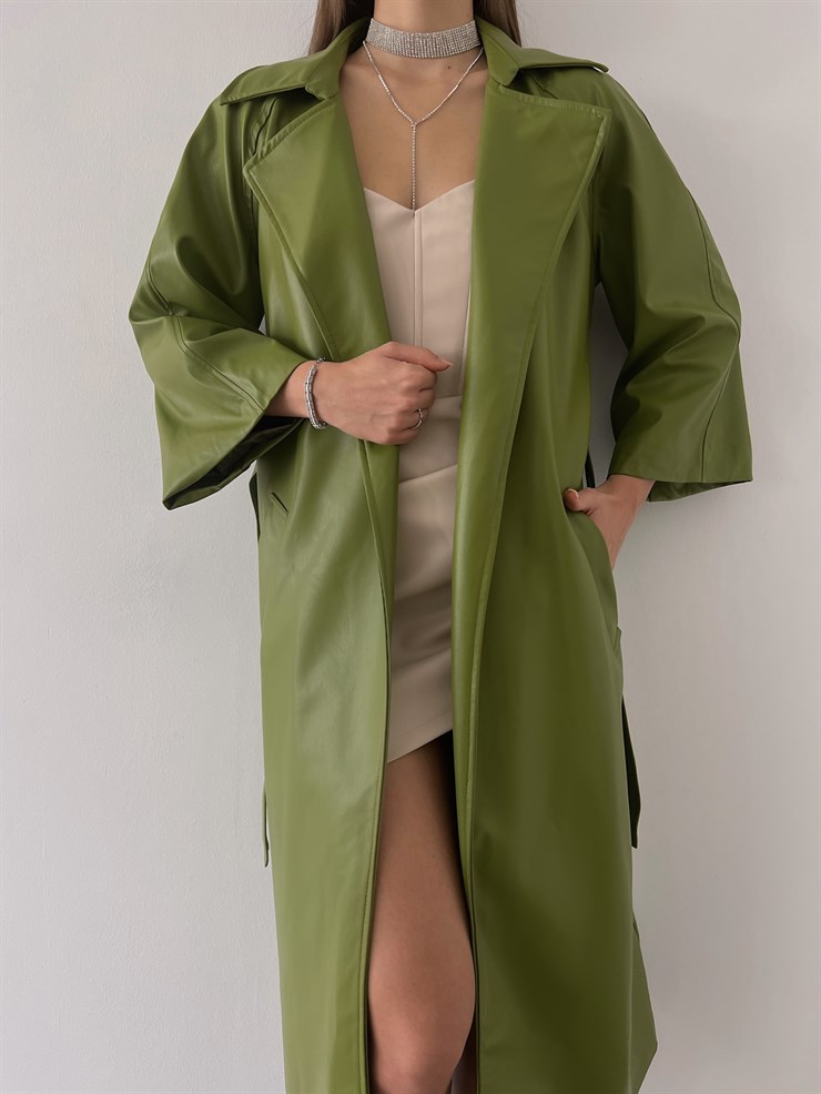 Önden Kuşak Bağlamalı Yarım Geniş Kol Maysa Kadın Yeşil Vegan Deri Kaban 23K000226