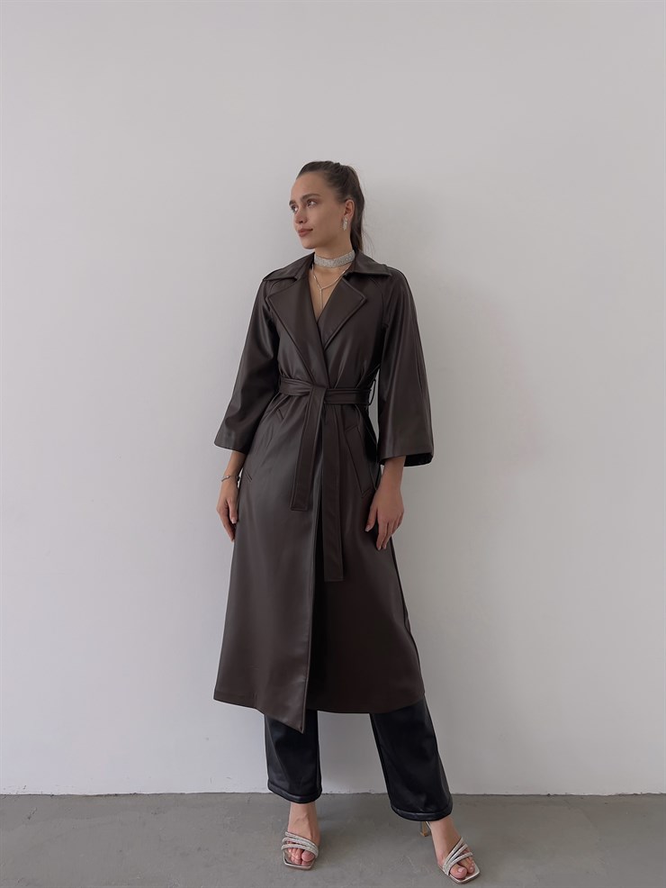 Önden Kuşak Bağlamalı Yarım Geniş Kol Maysa Kadın Kahve Vegan Deri Kaban 23K000226