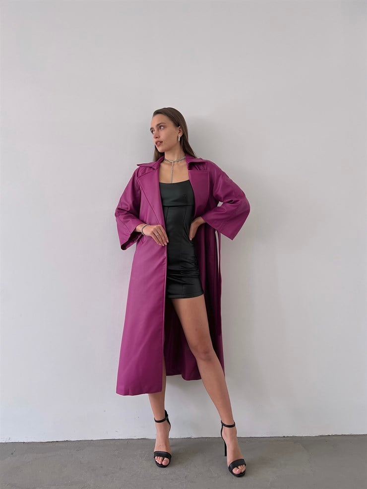 Önden Kuşak Bağlamalı Yarım Geniş Kol Maysa Kadın Fuşya Vegan Deri Kaban 23K000226