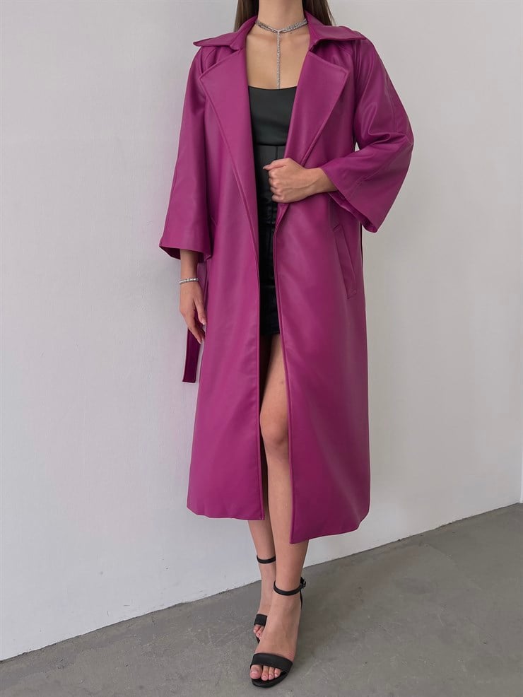 Önden Kuşak Bağlamalı Yarım Geniş Kol Maysa Kadın Fuşya Vegan Deri Kaban 23K000226