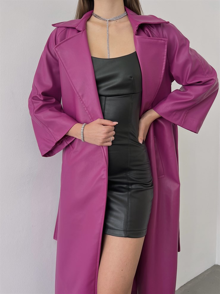 Önden Kuşak Bağlamalı Yarım Geniş Kol Maysa Kadın Fuşya Vegan Deri Kaban 23K000226