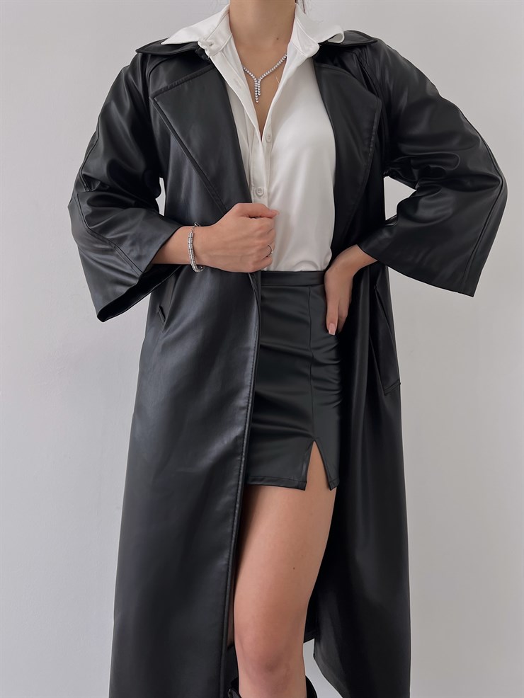 Önden Kuşak Bağlamalı Yarım Geniş Kol Maysa Kadın Siyah Vegan Deri Kaban 23K000226