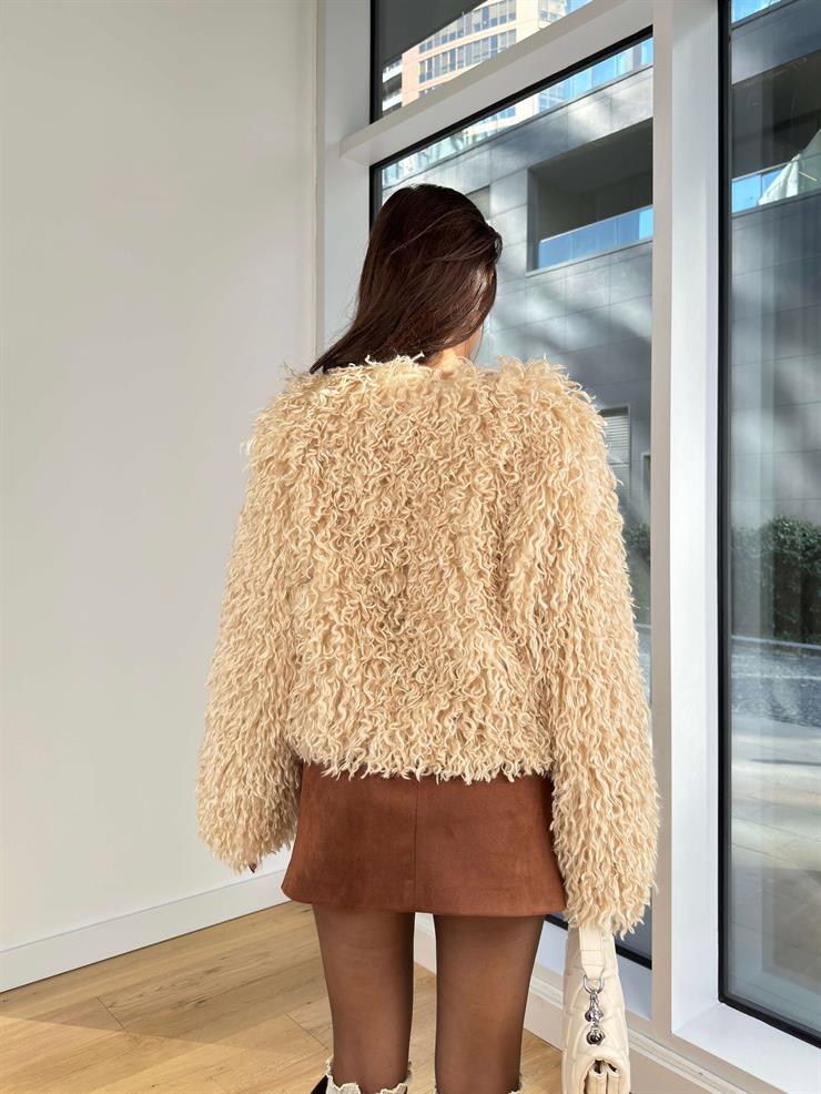 Önü Kapamalı Mazen Bej Kadın Saçaklı Tüylü Kürk 25K253