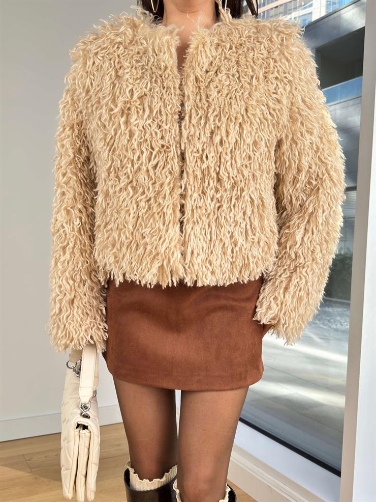 Önü Kapamalı Mazen Bej Kadın Saçaklı Tüylü Kürk 25K253