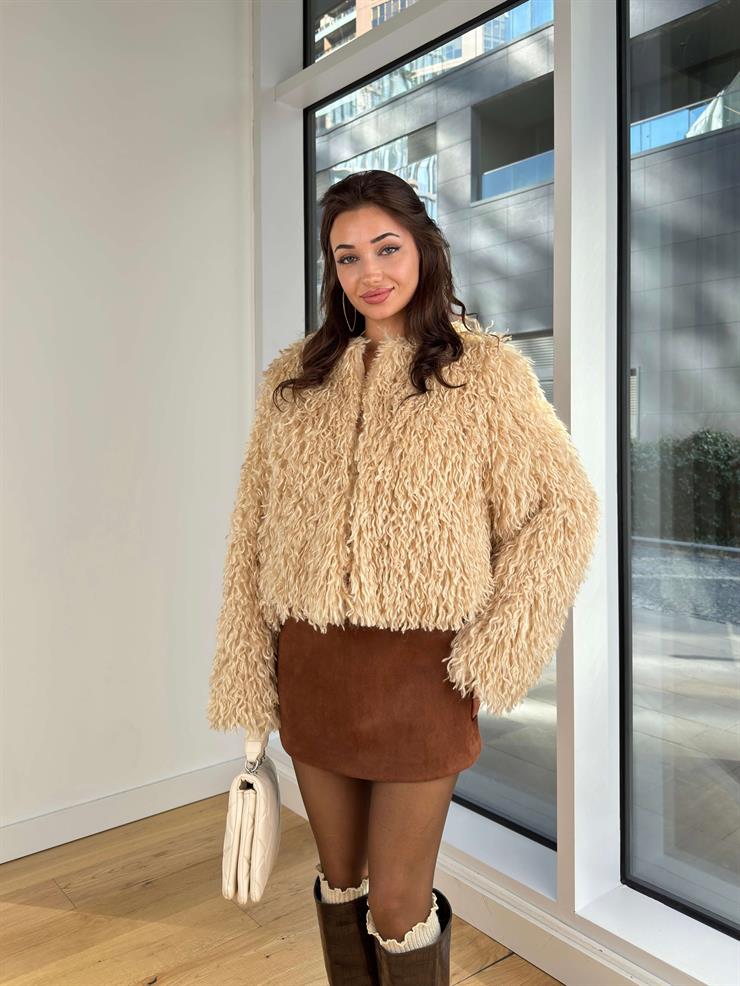 Önü Kapamalı Mazen Bej Kadın Saçaklı Tüylü Kürk 25K253