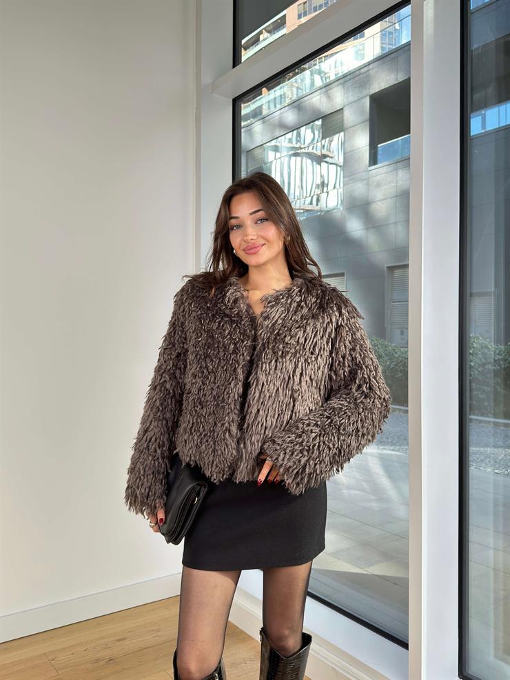 Önü Kapamalı Mazen Kahve Kadın Saçaklı Tüylü Kürk 25K253