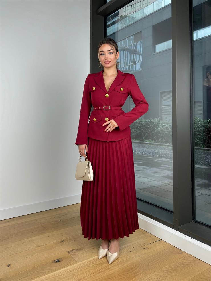 Kruvaze Yaka Düğme Kapamalı Beli Kemerli Ceket Pileli Uzun Etek Medard Bordo Kadın Takım 25K464