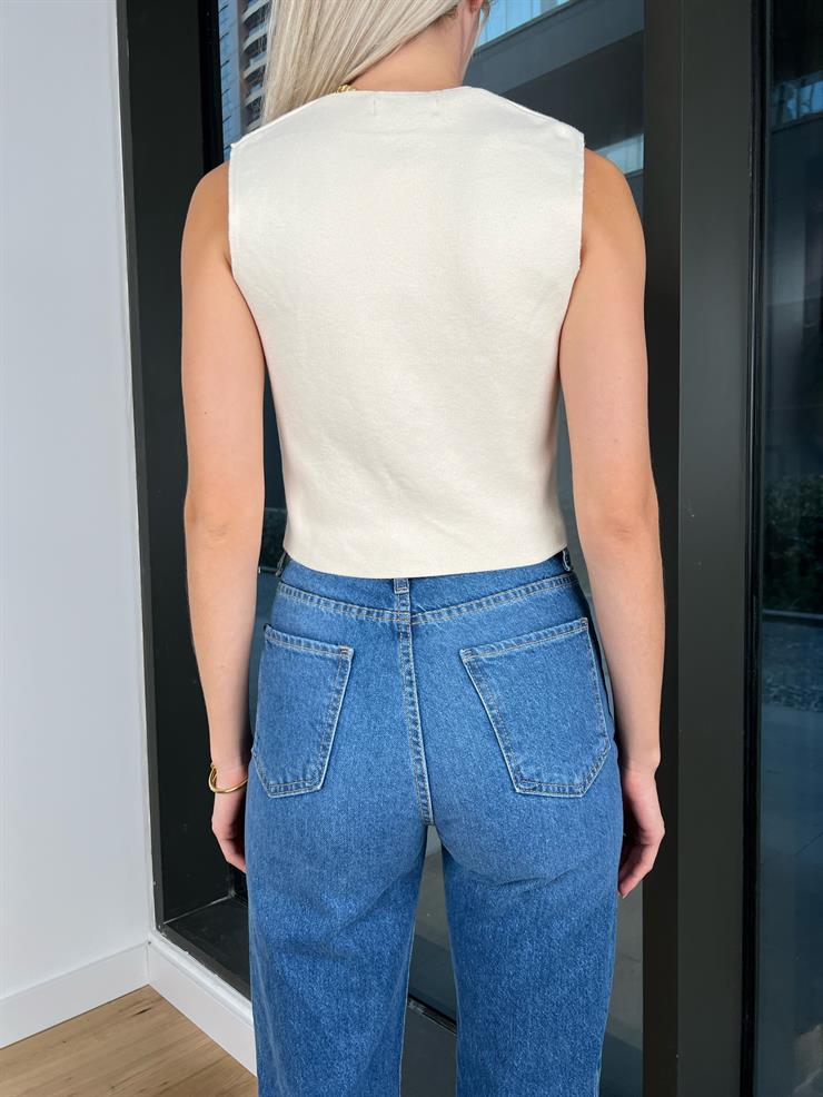 Önü Düğmeli Meery Kadın Krem Crop Yelek Hırka 24k000166