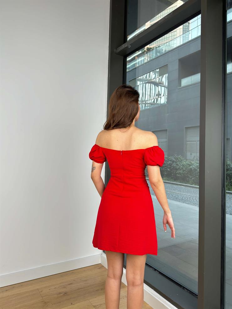 Önü Büzgü Ve Bağlama Detaylı Megan Kadın Kırmızı Mini Elbise 24Y114