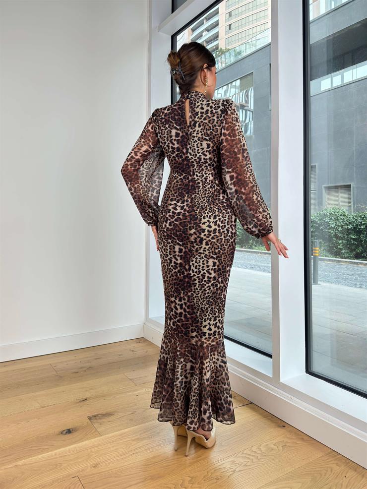 Yarım Boğazlı Ön Kısmı Drapeli Uzun Kol Mego Leopar Kadın Uzun Elbise 25K087