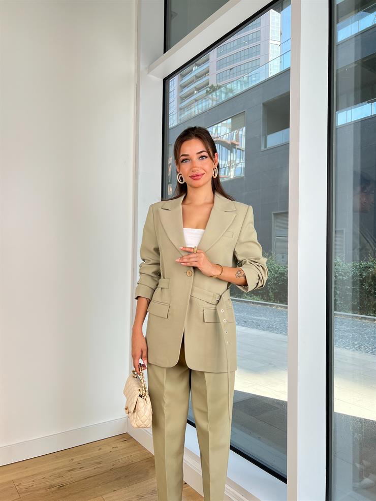 Düğme Kapamalı Belden Kemerli Megumi Mint Kadın Blazer Ceket 25K075