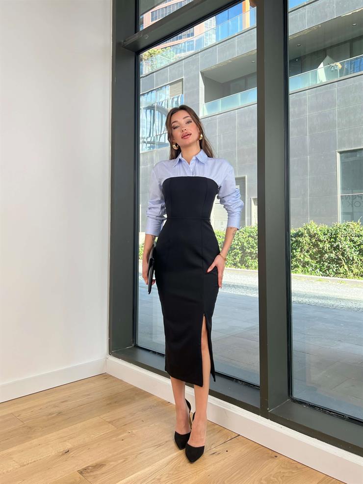 Gömlekle Bir Eteği Yırtmaçlı Mein Kadın Mavi Midi Elbise 24Y079