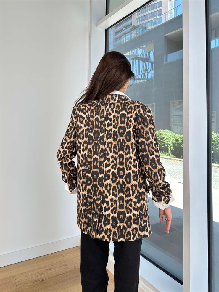 Düğme Kapamalı Leopar Desenli Melani Kahve Kadın Blazer Ceket 25K172