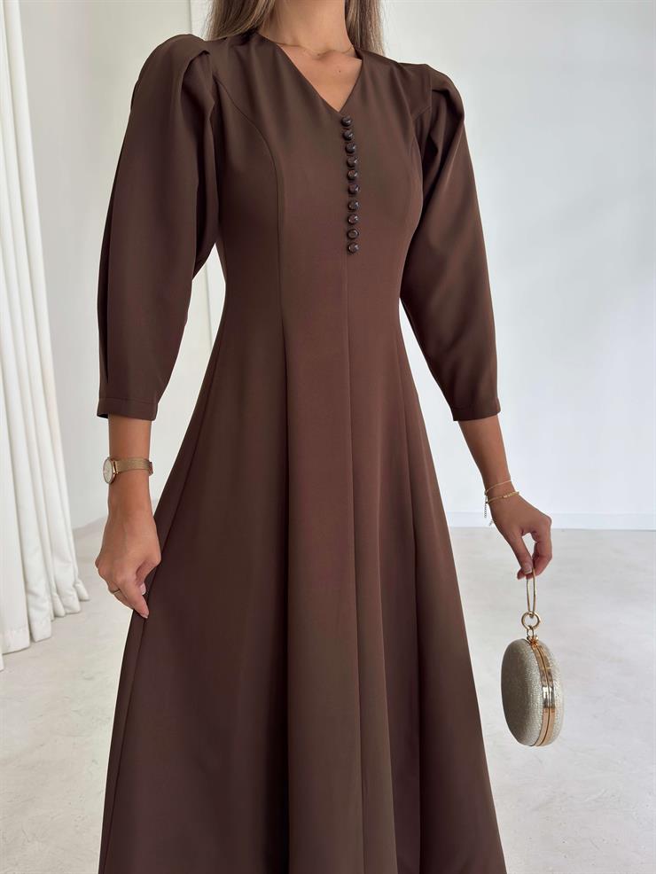 Düğme Detaylı V Yaka Melda Kahve Kadın Elbise 26K034