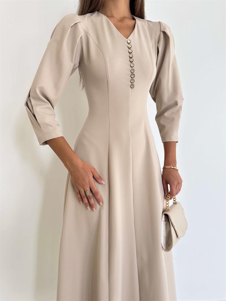 Düğme Detaylı V Yaka Melda Taş Kadın Elbise 26K034