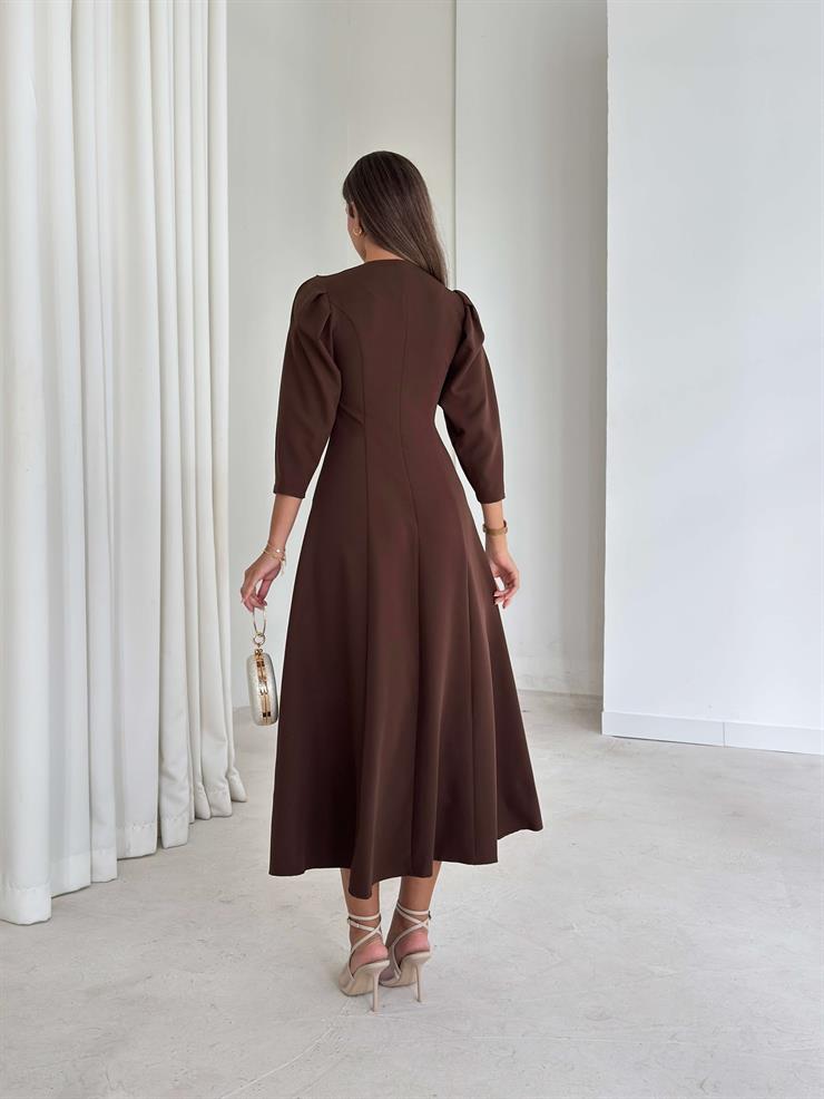 Düğme Detaylı V Yaka Melda Kahve Kadın Elbise 26K034