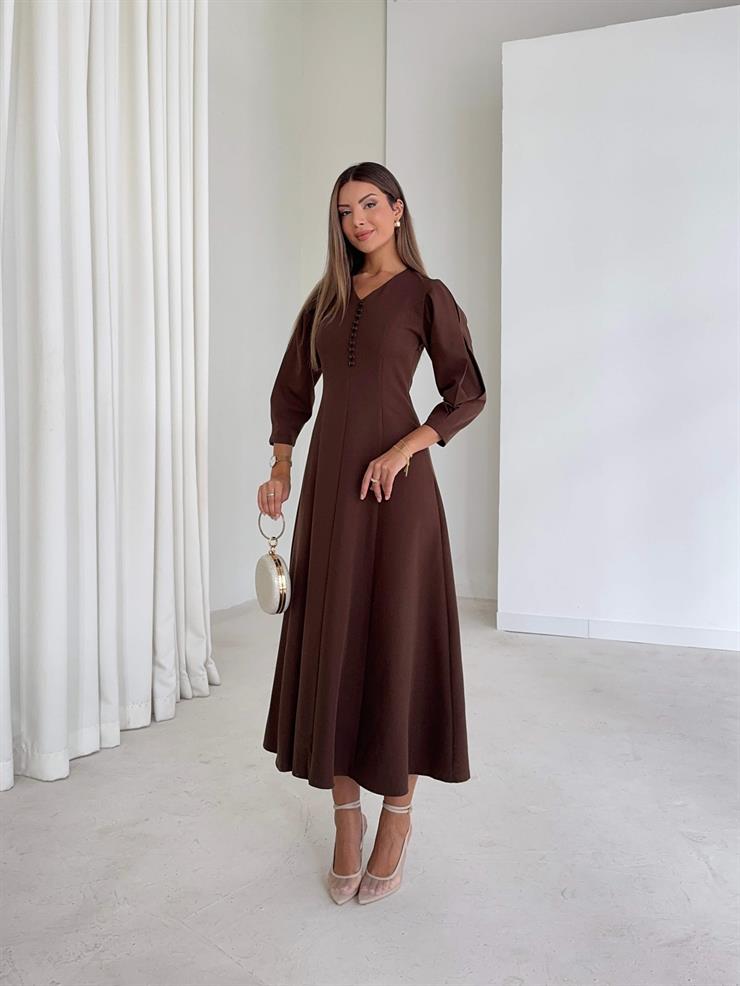 Düğme Detaylı V Yaka Melda Kahve Kadın Elbise 26K034