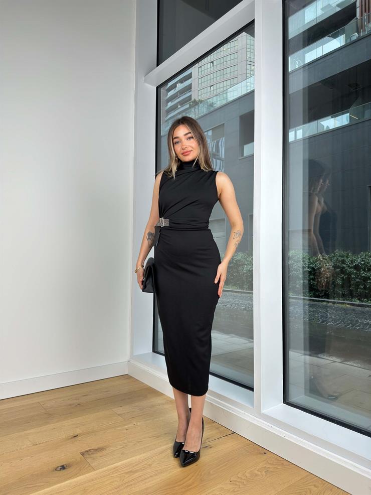 Balıkçı Yaka Kolsuz Drapeli Taşlı Kemer Detaylı Melida Siyah Kadın Midi Elbise 25K442