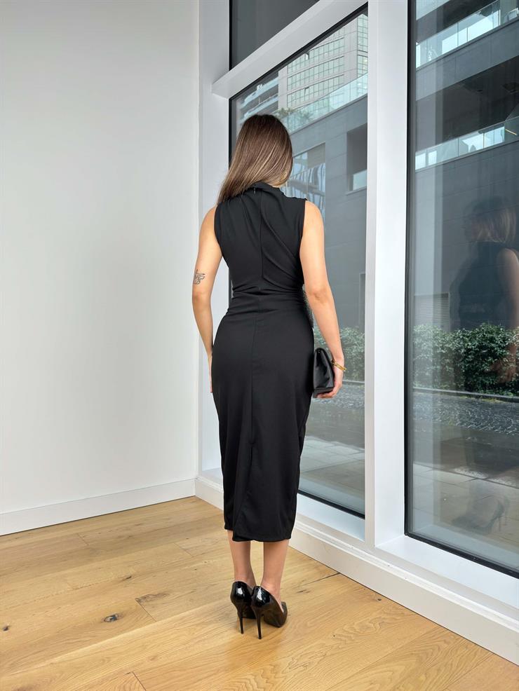 Balıkçı Yaka Kolsuz Drapeli Taşlı Kemer Detaylı Melida Siyah Kadın Midi Elbise 25K442