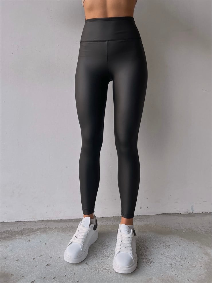 Yüksek Bel Toparlayıcı Melinda Siyah Vegan Deri Tayt 23K000205