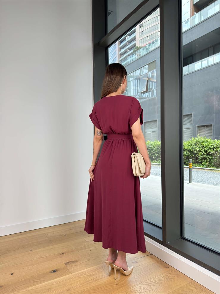 Kruvaze Yaka Beli Kemerli Melon Bordo Elbise 25Y416
