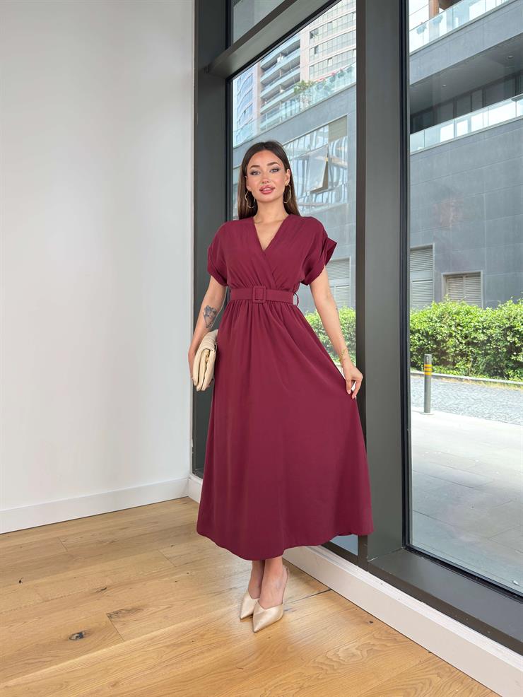 Kruvaze Yaka Beli Kemerli Melon Bordo Elbise 25Y416