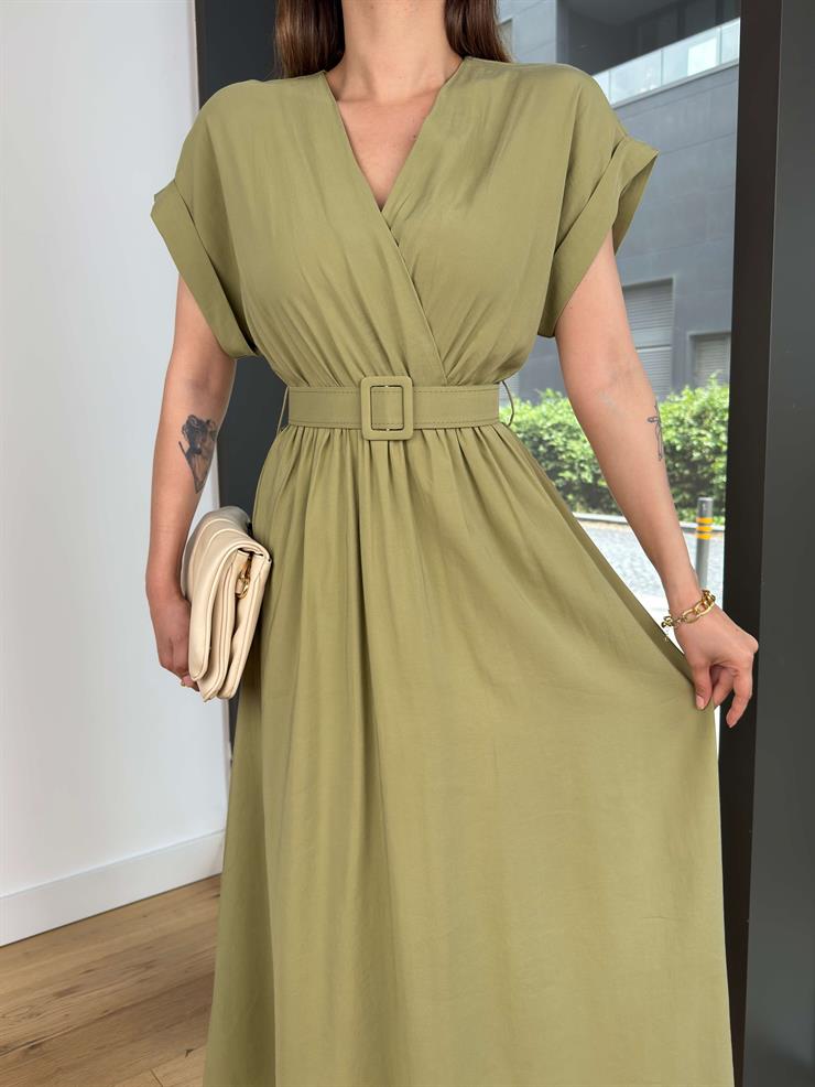 Kruvaze Yaka Beli Kemerli Melon Mint Elbise 25Y416