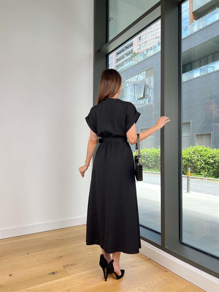 Kruvaze Yaka Beli Kemerli Melon Siyah Elbise 25Y416