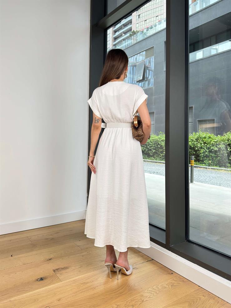 Kruvaze Yaka Beli Kemerli Melon Ekru Elbise 25Y416