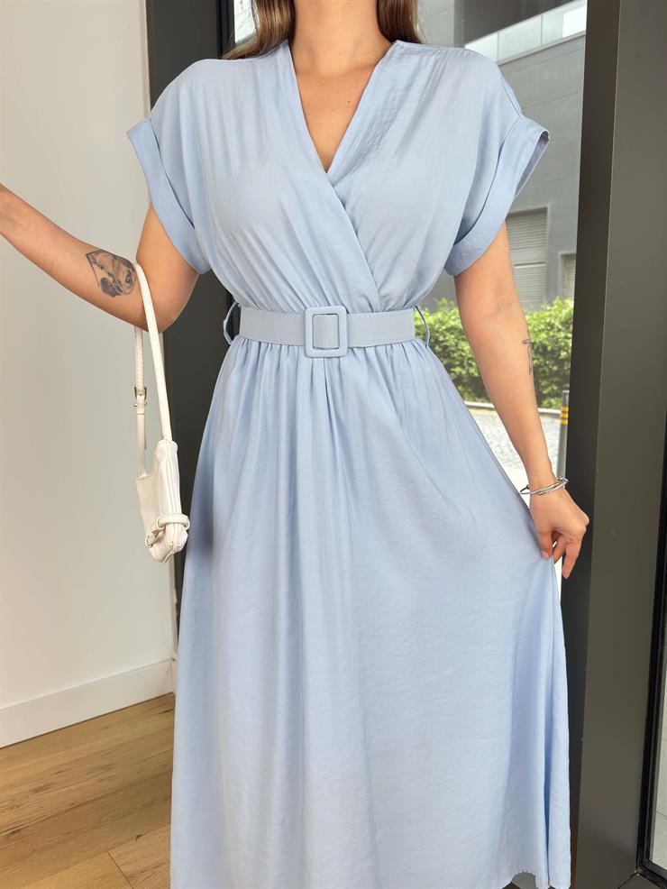 Kruvaze Yaka Beli Kemerli Melon Mavi Elbise 25Y416