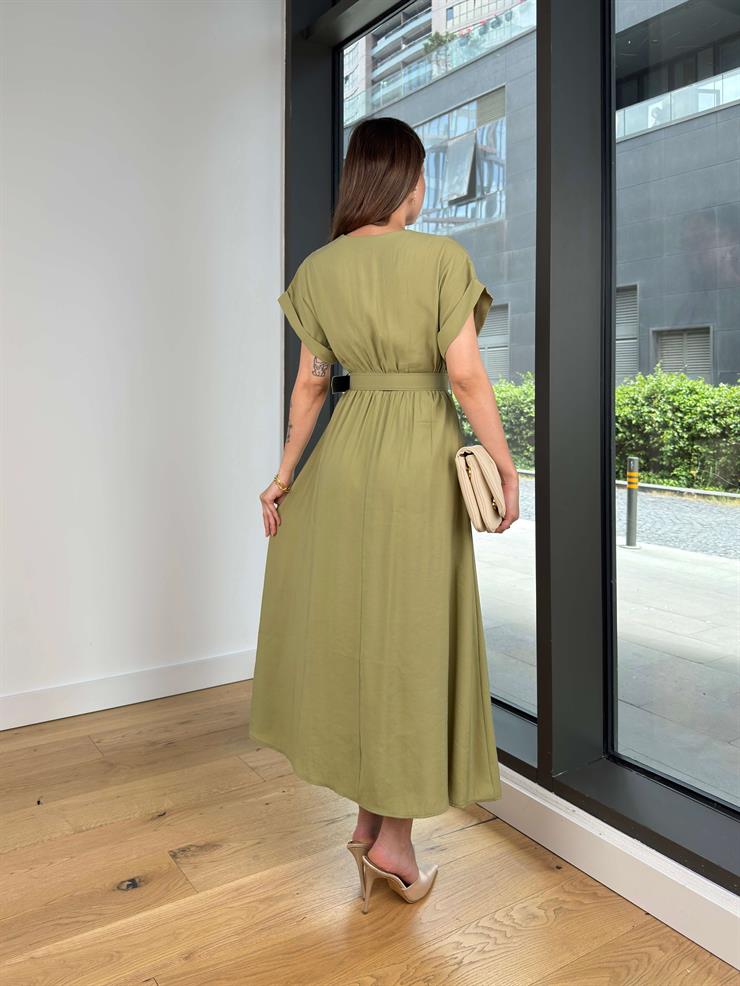 Kruvaze Yaka Beli Kemerli Melon Mint Elbise 25Y416