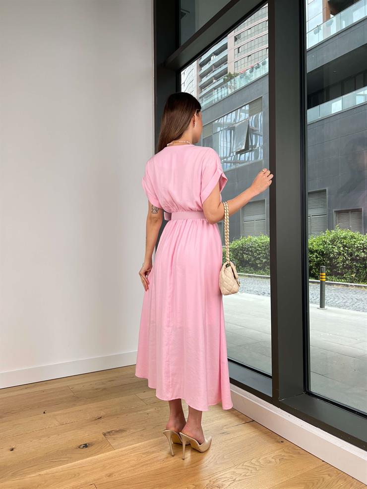 Kruvaze Yaka Beli Kemerli Melon Pembe Elbise 25Y416