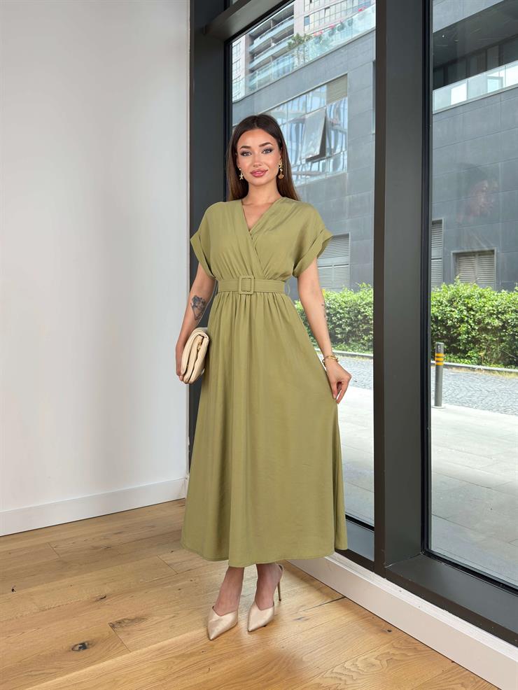 Kruvaze Yaka Beli Kemerli Melon Mint Elbise 25Y416