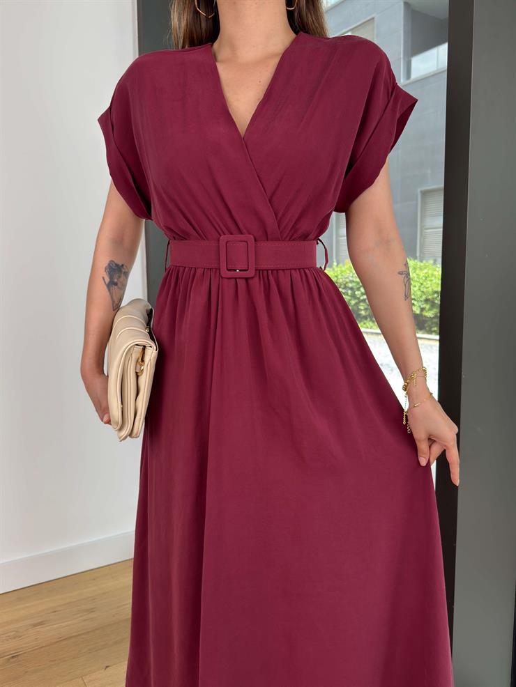 Kruvaze Yaka Beli Kemerli Melon Bordo Elbise 25Y416