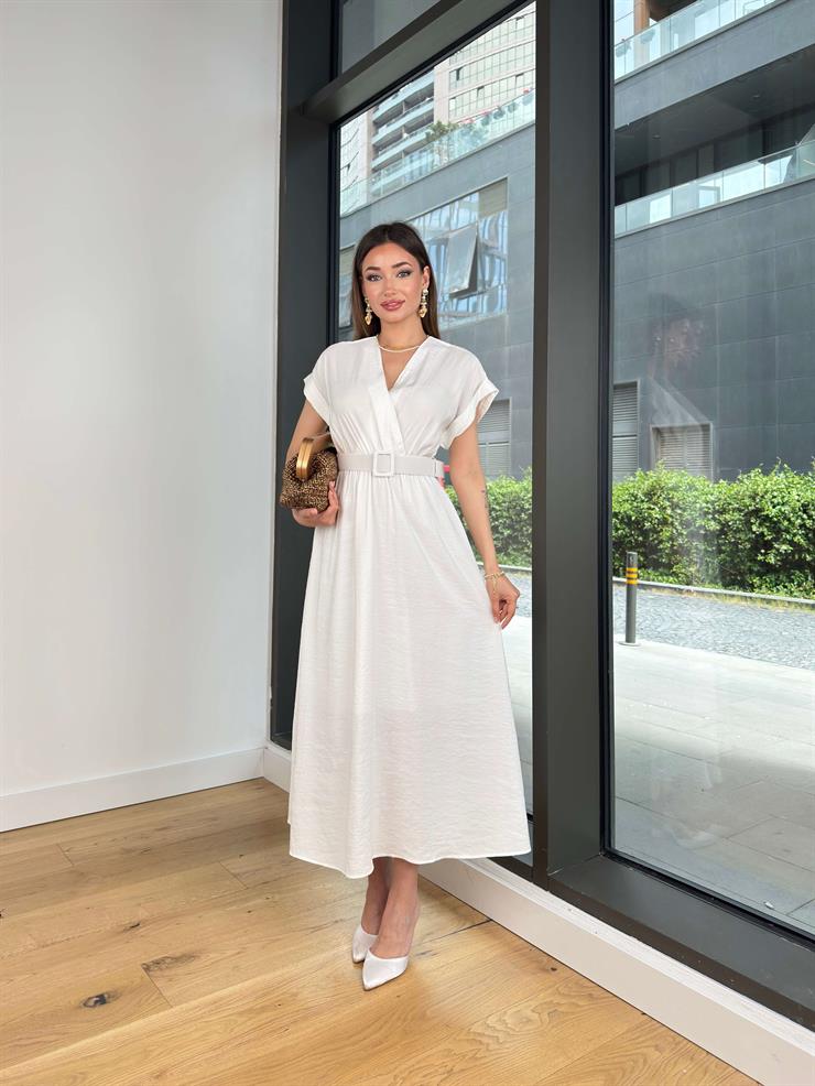 Kruvaze Yaka Beli Kemerli Melon Ekru Elbise 25Y416