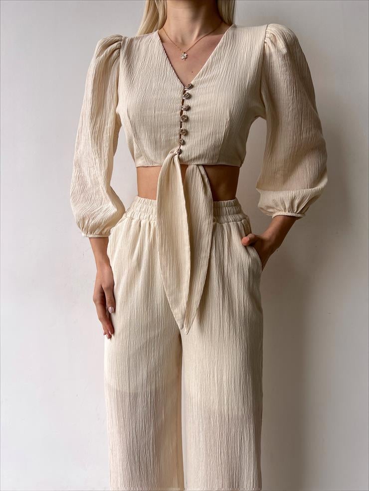 V Yaka Önü Düğmeli Bağlama Detaylı Uzun Kollu Bluz Beli Lastikli Yüksek Bel Pantolon Memmy Kadın Taş İkili Takım 23Y000166