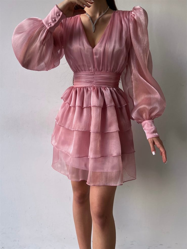 V Yaka Belden Oturtmalı Tül Kol Memo Kadın Pudra Fırfırlı Elbise 23K000295