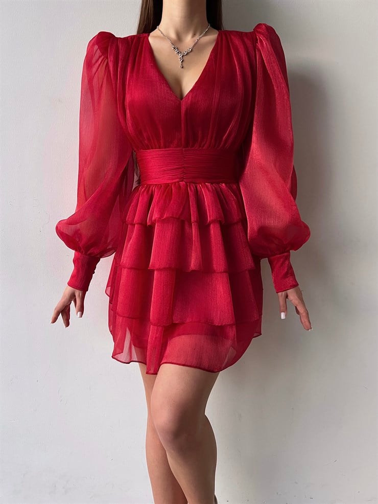 V Yaka Belden Oturtmalı Tül Kol Memo Kadın Kırmızı Fırfırlı Elbise 23K000295