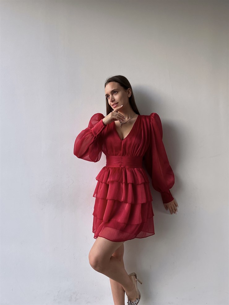 V Yaka Belden Oturtmalı Tül Kol Memo Kadın Kırmızı Fırfırlı Elbise 23K000295