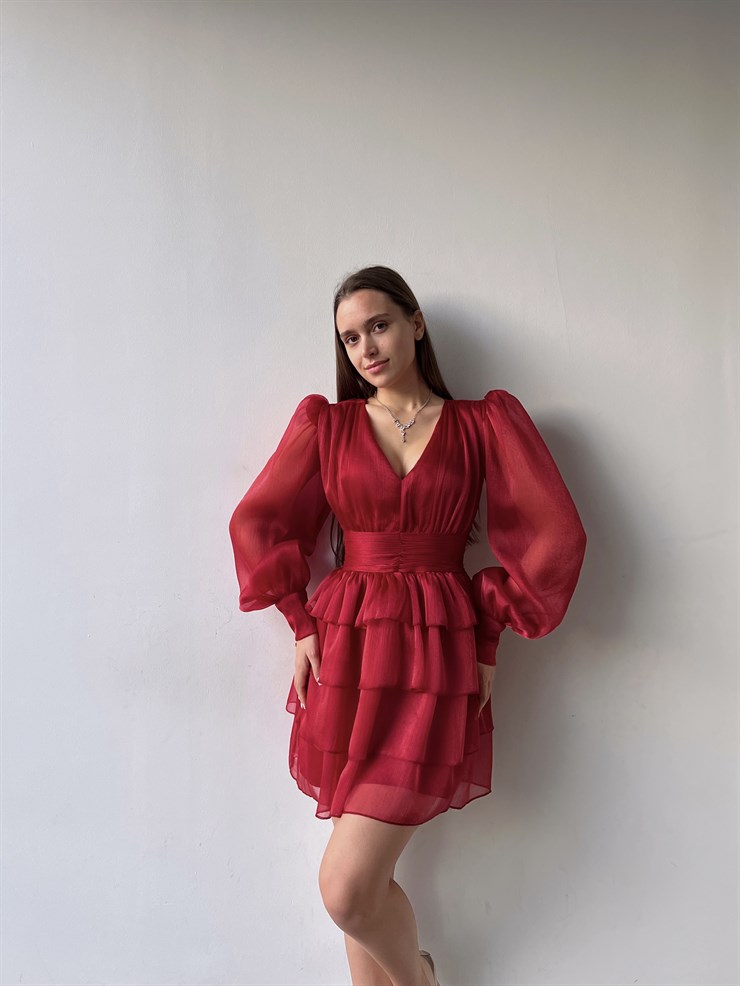 V Yaka Belden Oturtmalı Tül Kol Memo Kadın Kırmızı Fırfırlı Elbise 23K000295