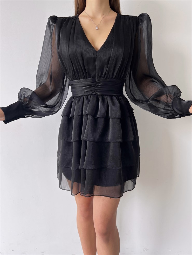 V Yaka Belden Oturtmalı Tül Kol Memo Kadın Siyah Fırfırlı Elbise 23K000295