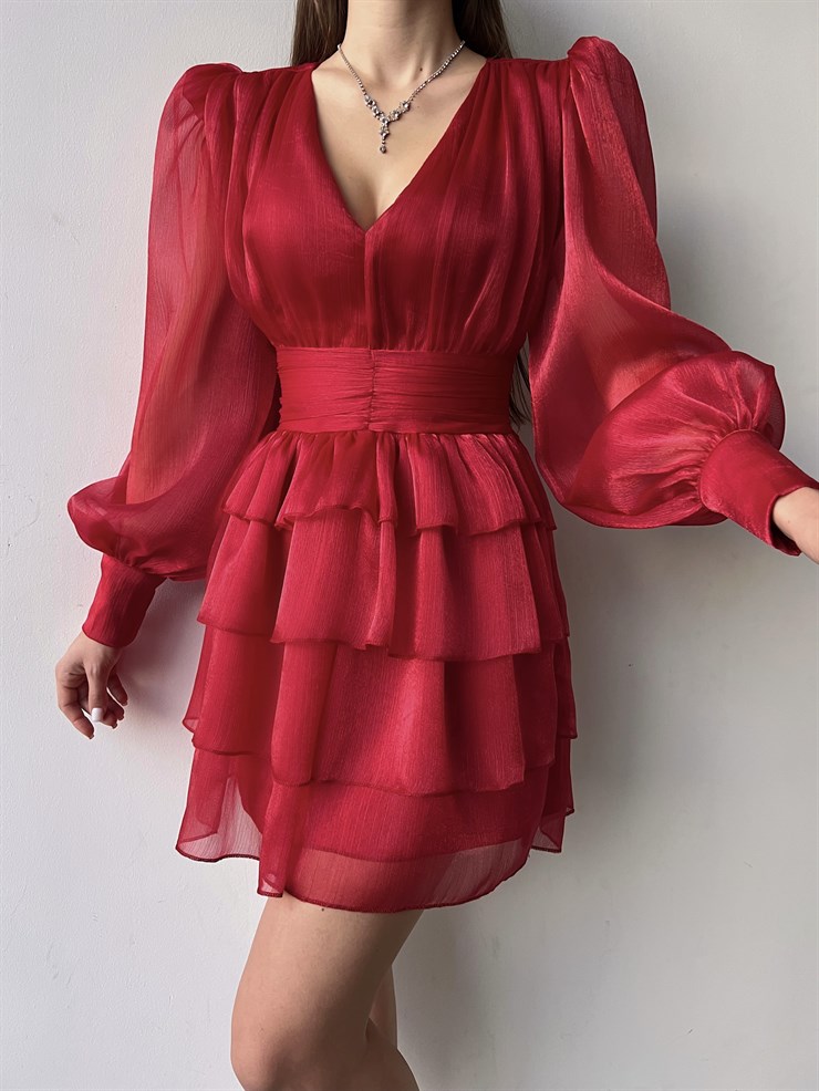 V Yaka Belden Oturtmalı Tül Kol Memo Kadın Kırmızı Fırfırlı Elbise 23K000295