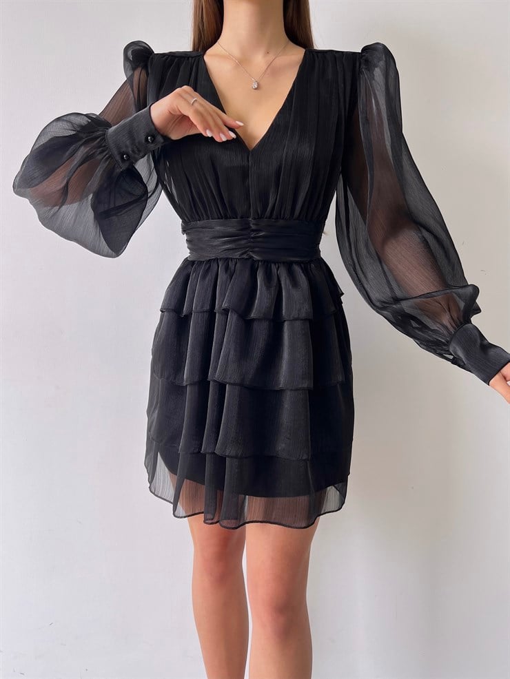 V Yaka Belden Oturtmalı Tül Kol Memo Kadın Siyah Fırfırlı Elbise 23K000295